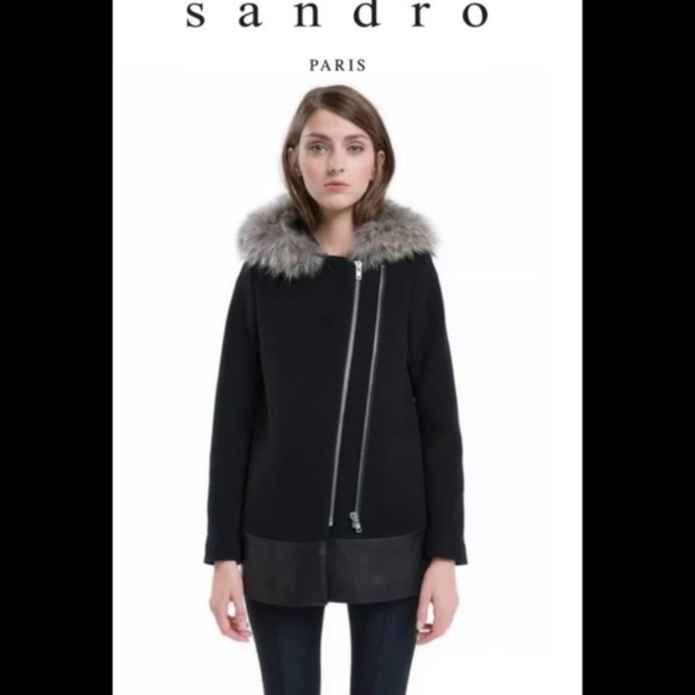 Sandro Manoli Fur Trim Leather Panel Wool Coat Gray - Picture 2 of 11